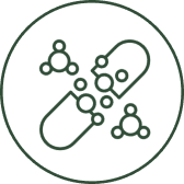 Molecule and capsule icon on dark background.