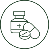 Medicine bottle and pills icon.