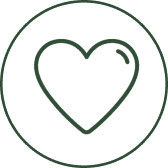 Heart outline within a circular border icon.