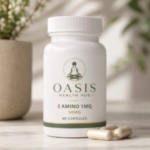 OASIS Health Hub supplement bottle and capsules