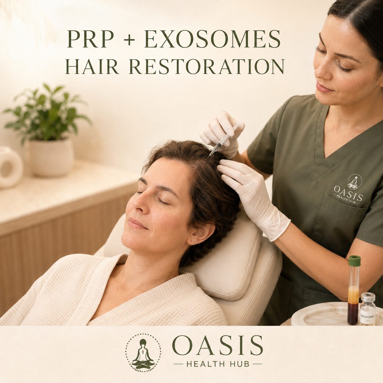 Woman receiving hair restoration treatment session.