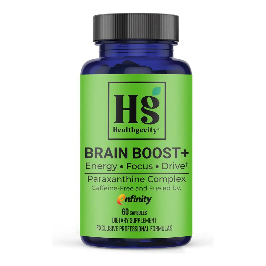 Supplement bottle labeled "Brain Boost+ Paraxanthine Complex".