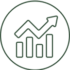 Rising graph with bars in a circle.
