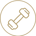 Gold dumbbell icon on black background.