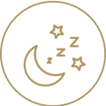 Crescent moon and stars in circle.
