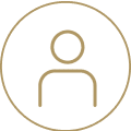 User icon in gold circle on black background.