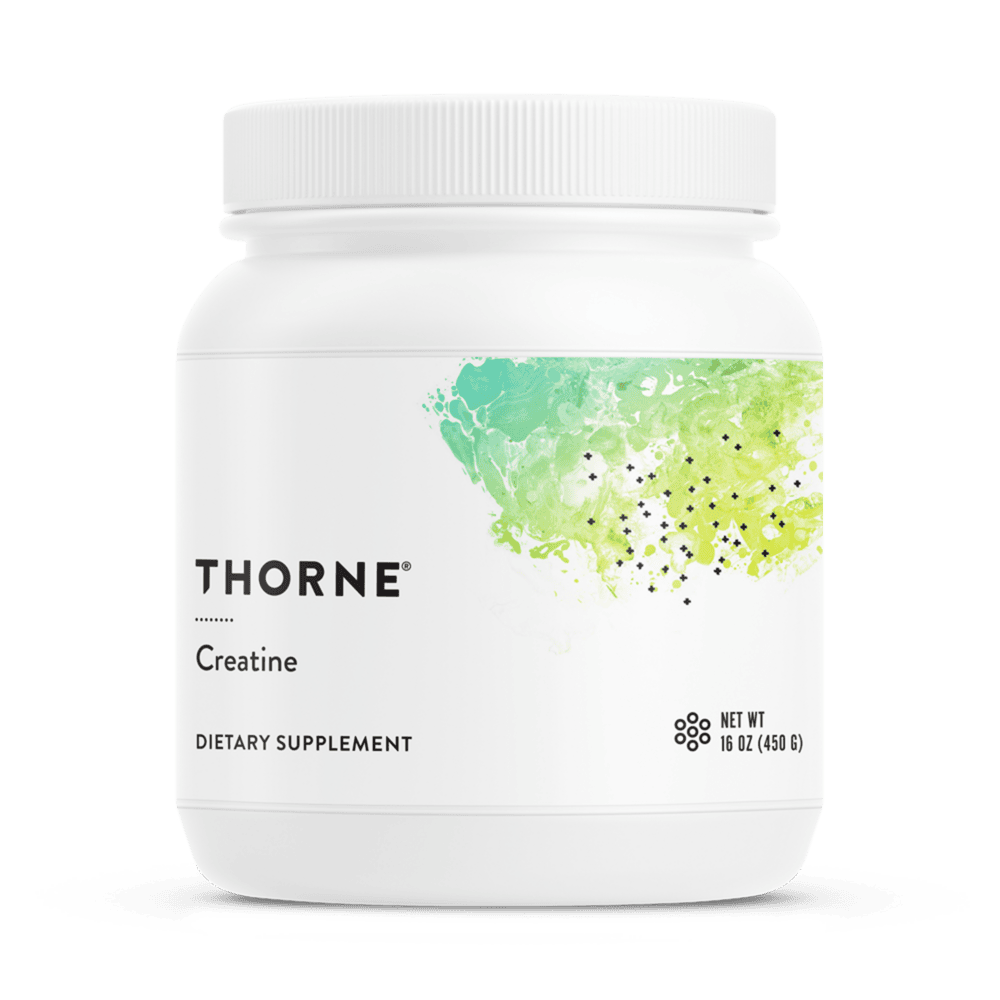 White jar of Thorne creatine supplement.