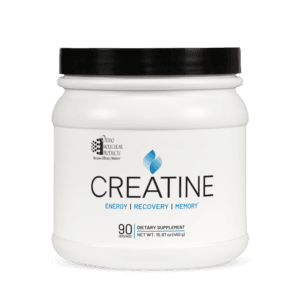 Creatine supplement jar on black background.