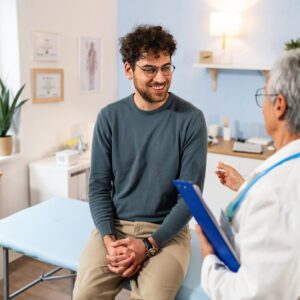 Patient consulting with doctor in medical office.
