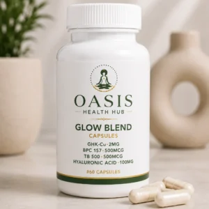 Glow Blend capsules bottle on table.