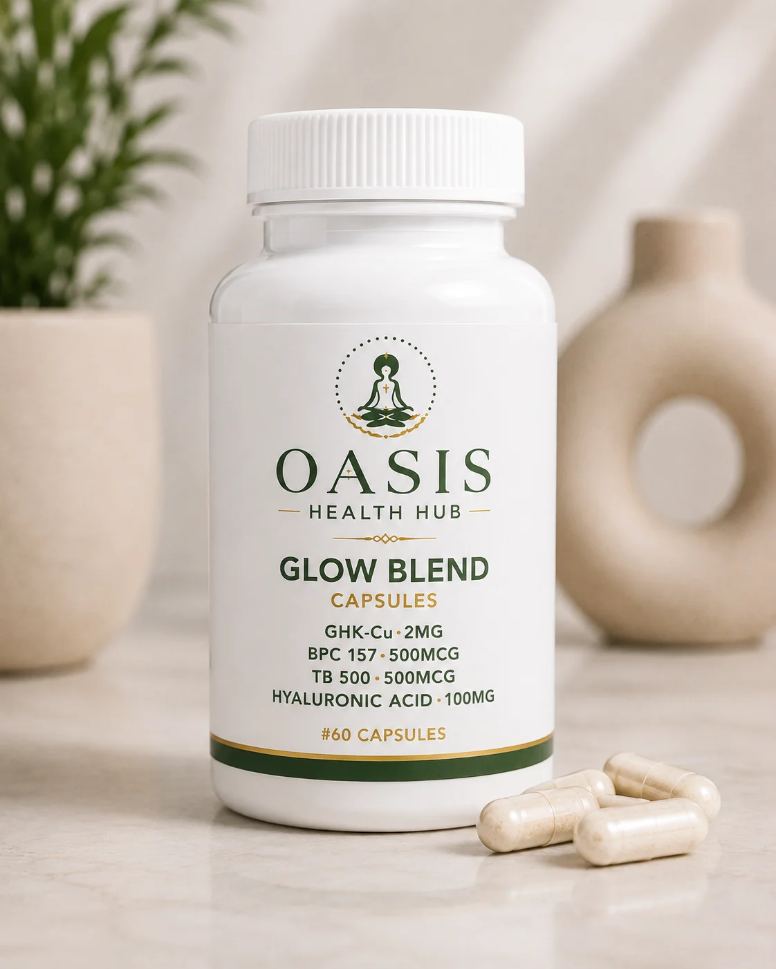 Glow Blend capsules bottle on table.