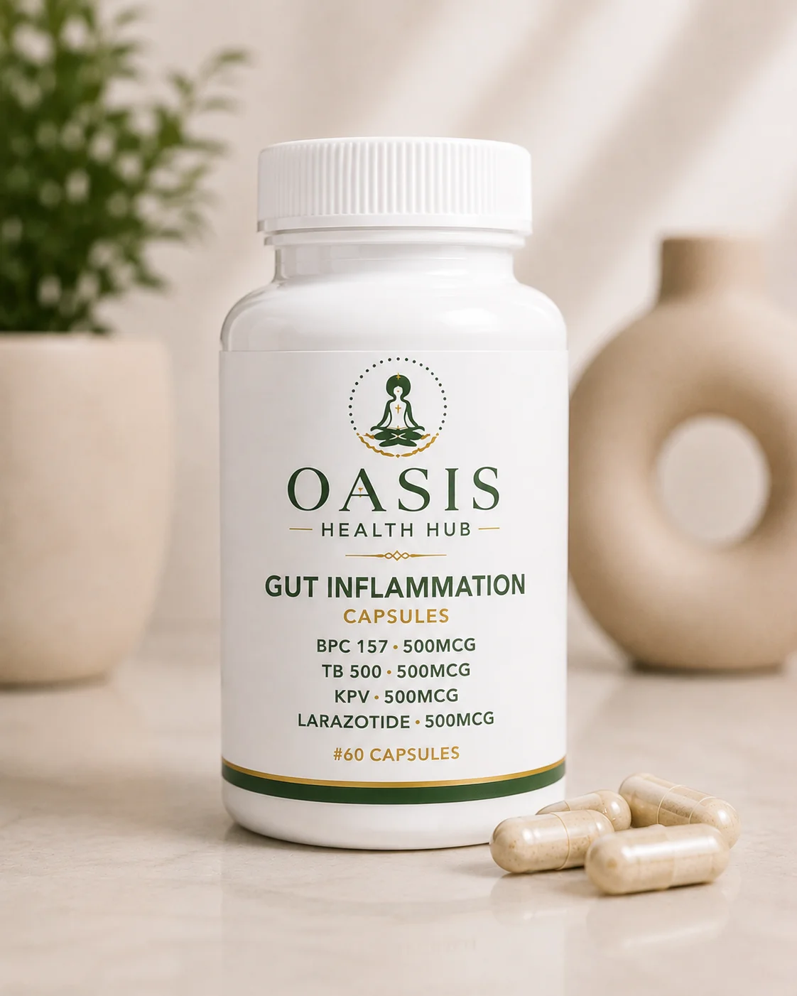 Oasis gut inflammation capsules on table.