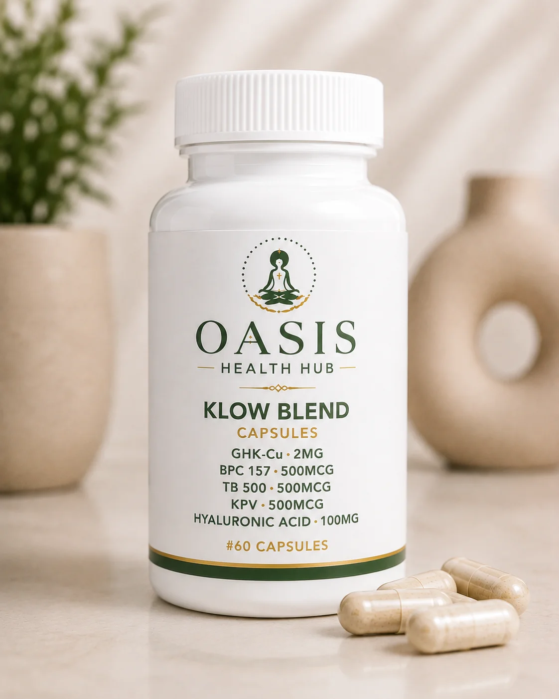 Supplement bottle and capsules on table.