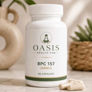 Supplement bottle with capsules on marble surface.