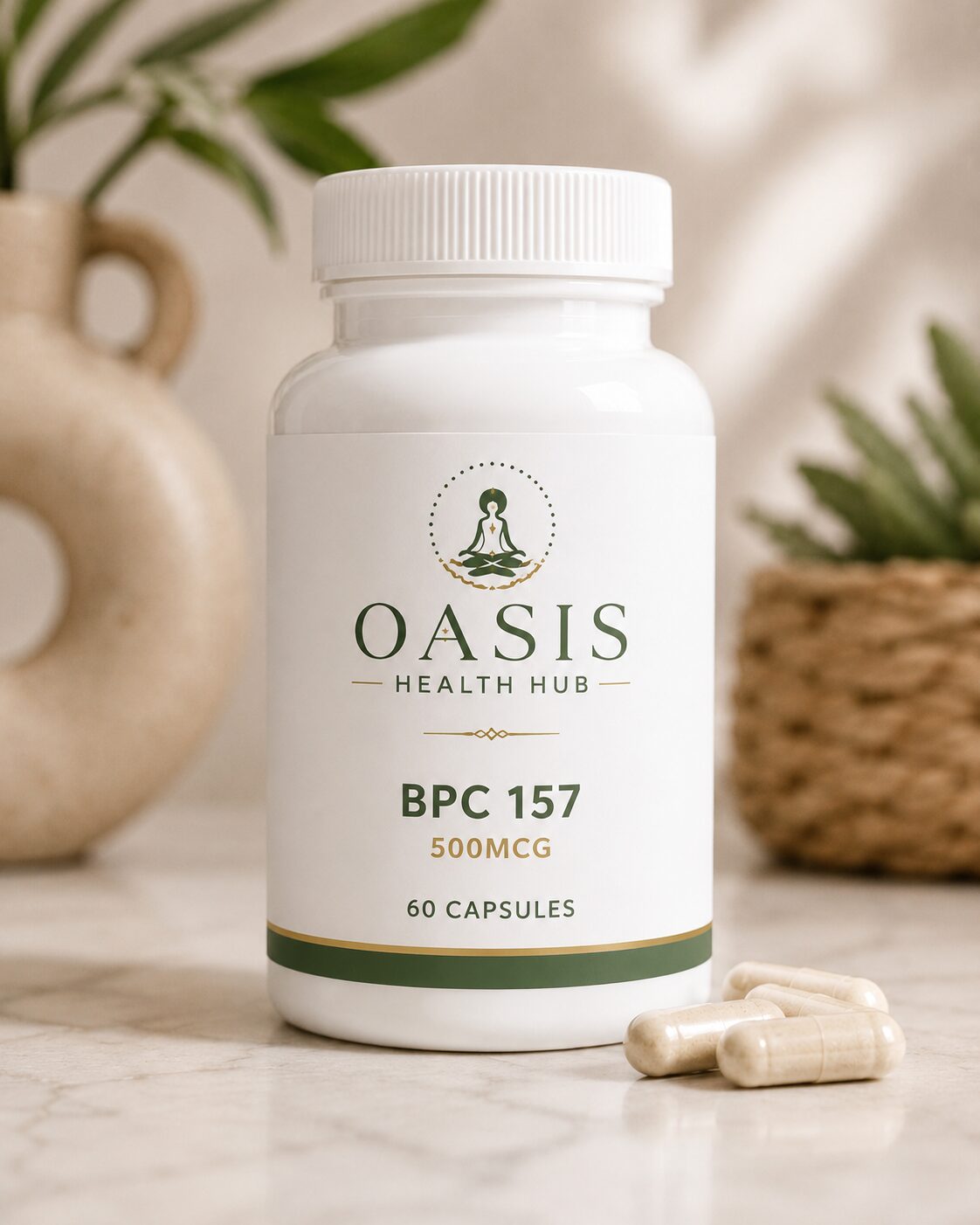 Supplement bottle with capsules on marble surface.