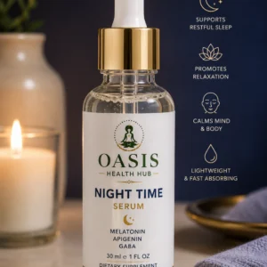 Nighttime serum bottle with candle and towel.