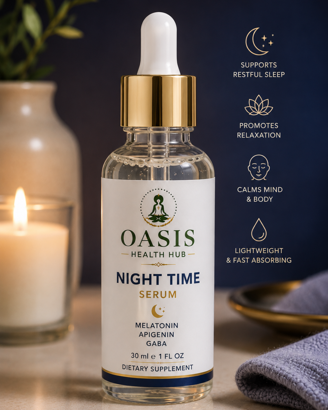 Nighttime serum bottle with candle and towel.