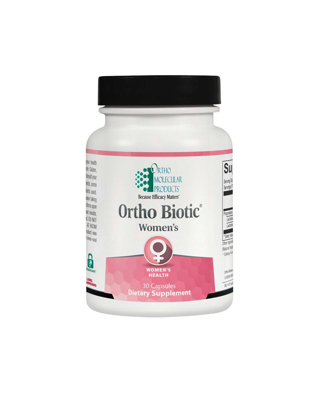 Women's probiotic supplement bottle with label.