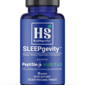 Blue bottle of sleep supplement capsules.