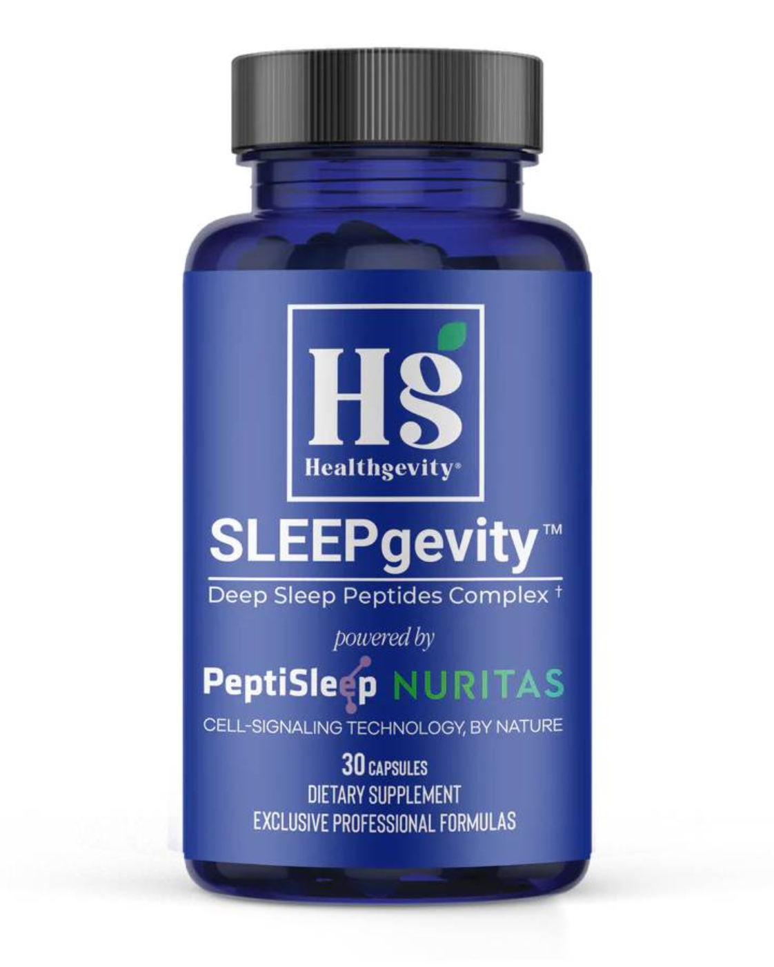 Blue bottle of sleep supplement capsules.