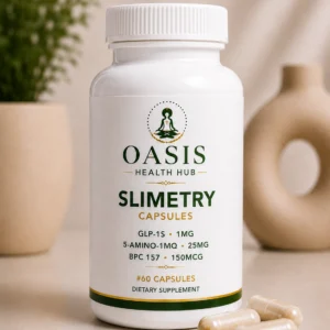 Slimetry capsules bottle with decorative background.