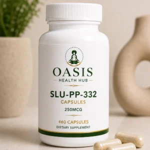 Dietary supplement bottle with capsules nearby.