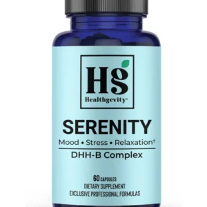 Blue Serenity supplement bottle with black cap.