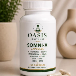Somni-X dietary supplement bottle and capsules.