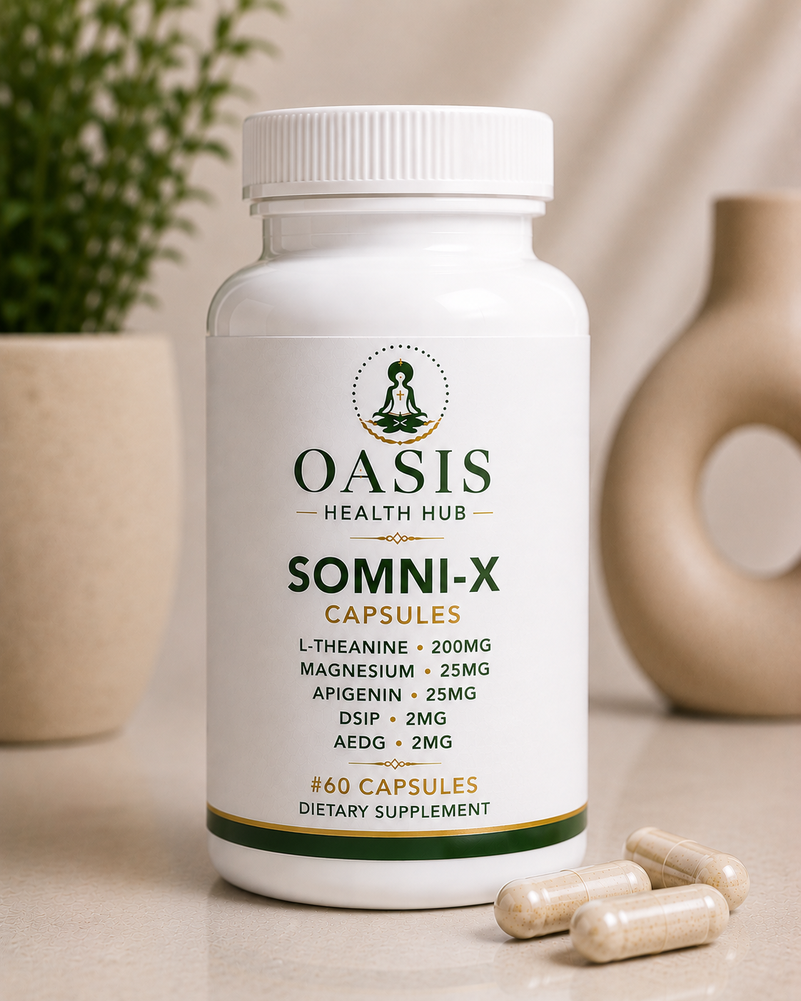 Somni-X dietary supplement bottle and capsules.