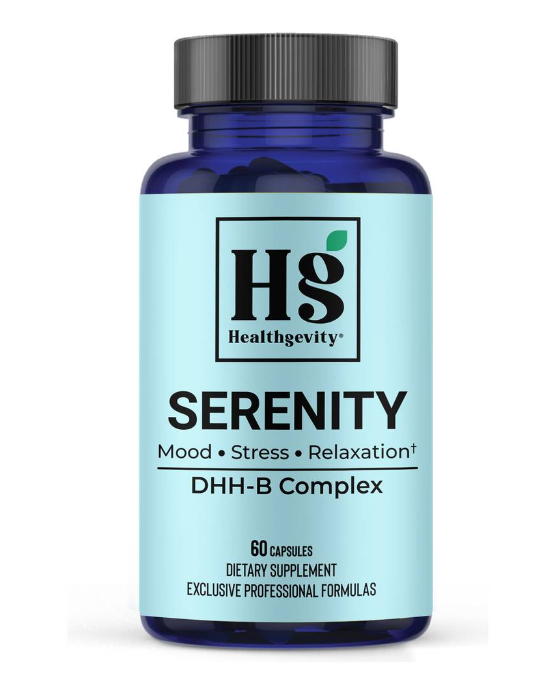 Blue Serenity supplement bottle with black cap.