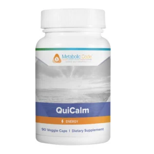 Dietary supplement bottle labeled "QuiCalm Energy".