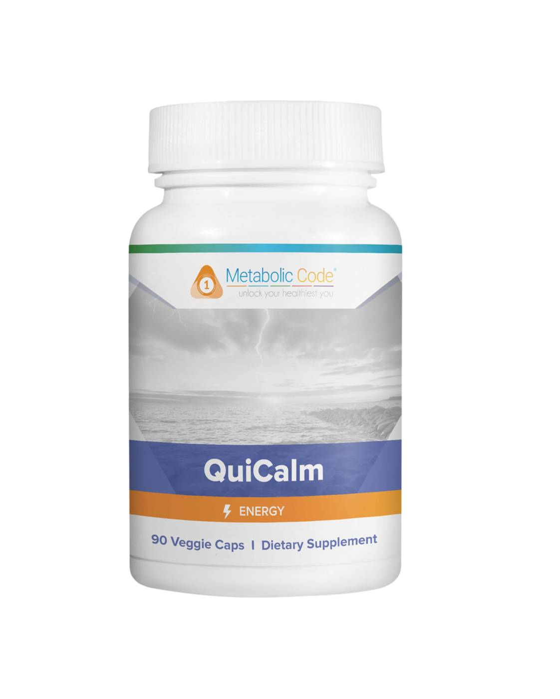 Dietary supplement bottle labeled "QuiCalm Energy".