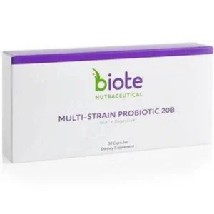 Probiotic supplement box with purple label.