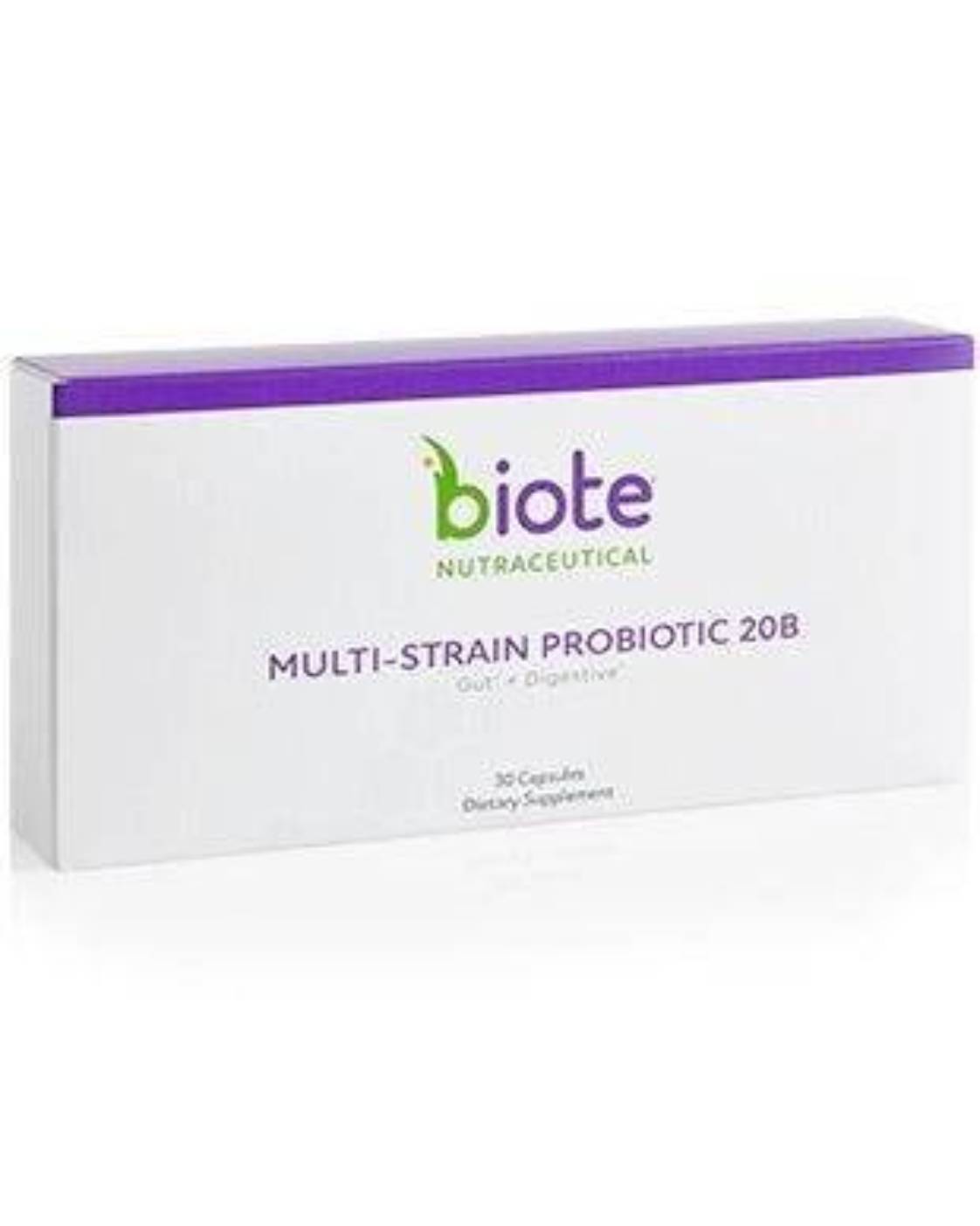 Probiotic supplement box with purple label.