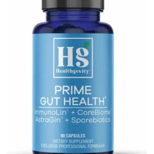Blue bottle of Healthgevity gut health capsules.