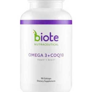 Omega 3+CoQ10 supplement bottle, white background.
