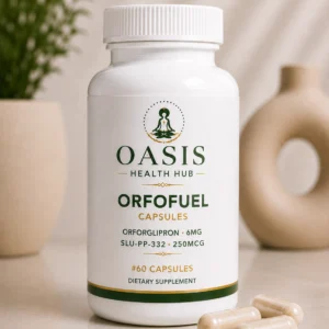Bottle of Orfofuel capsules on table.