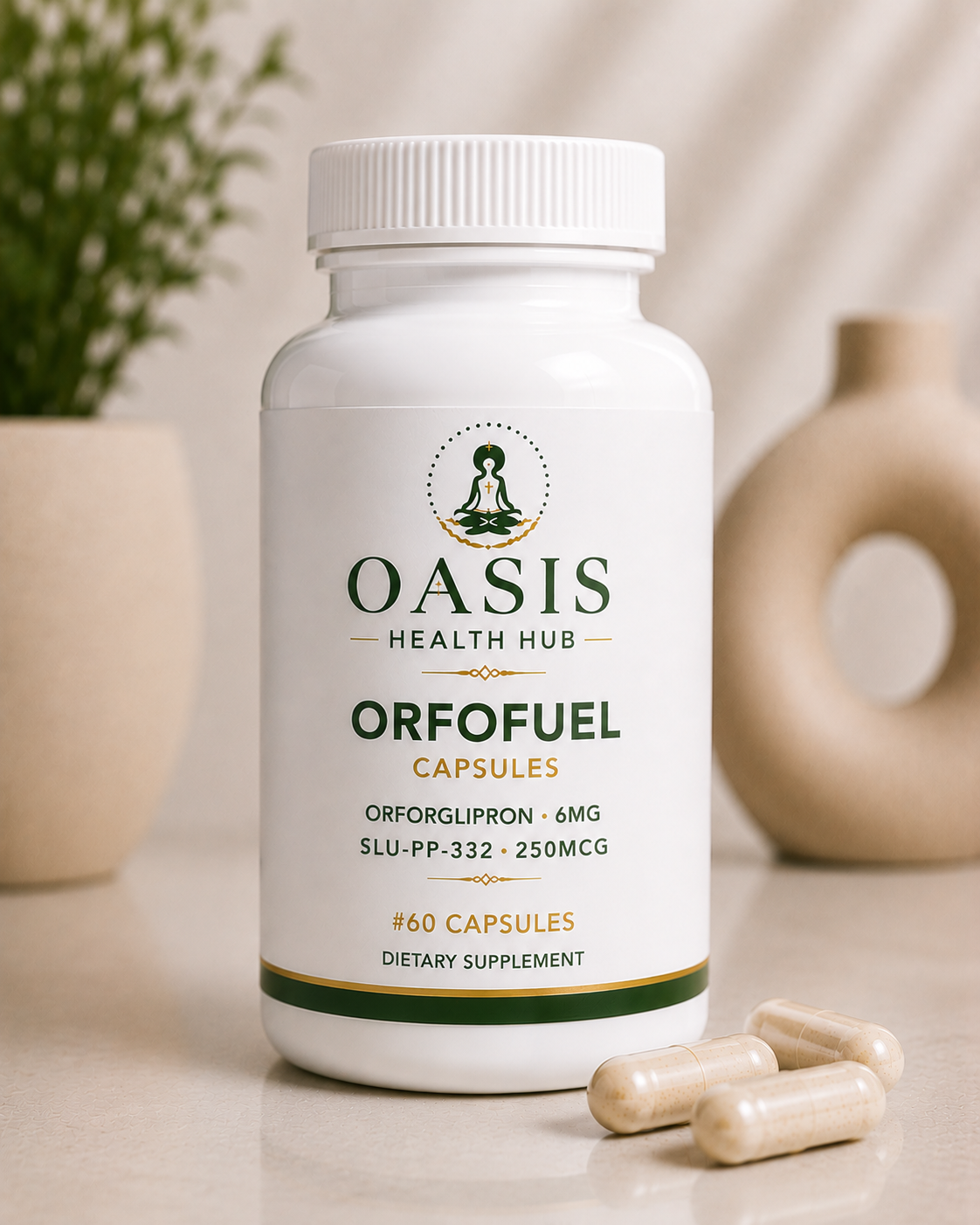 Bottle of Orfofuel capsules on table.