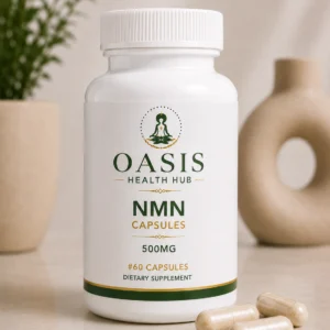 NMN capsules bottle with two capsules nearby.
