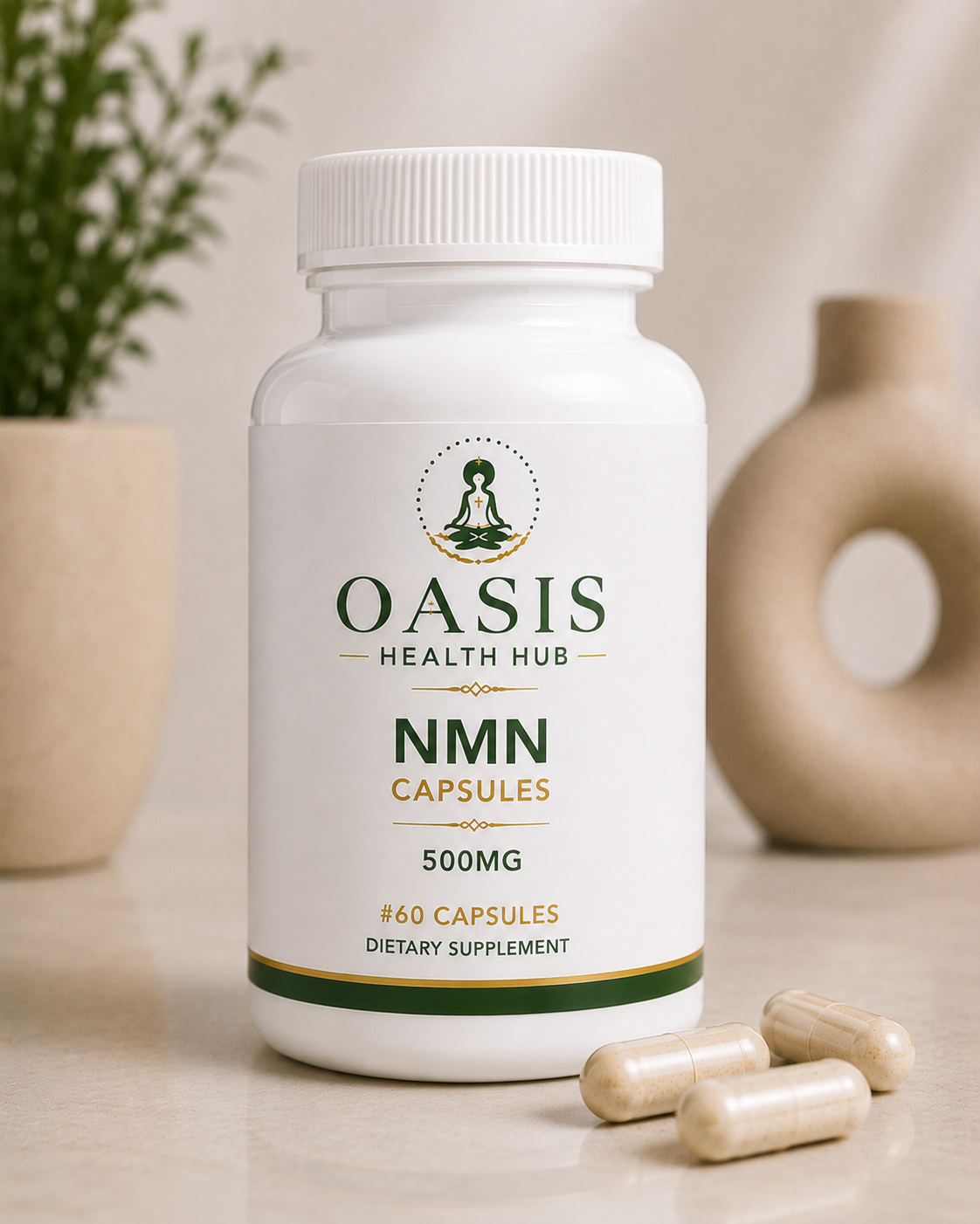NMN capsules bottle with two capsules nearby.