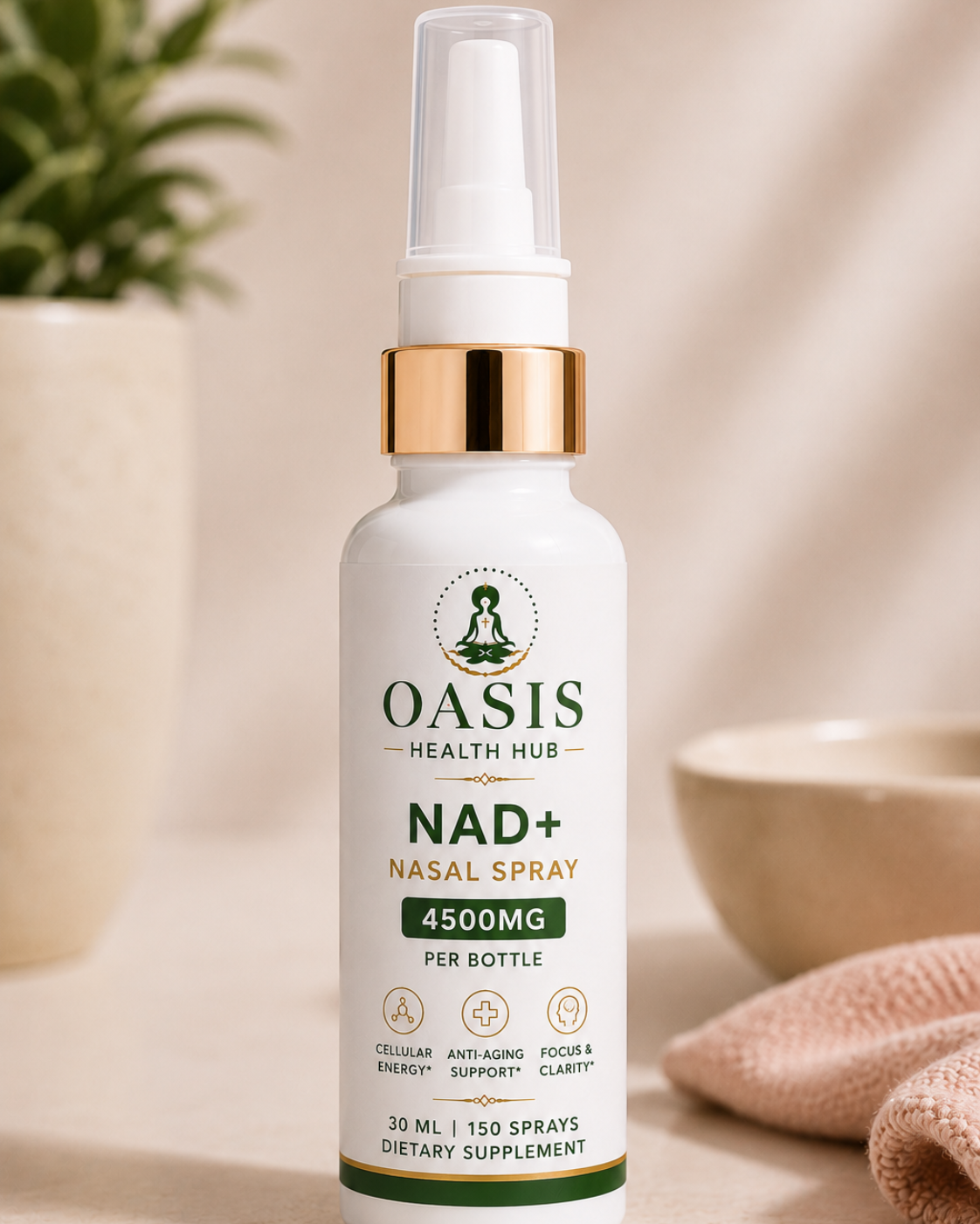 NAD+ nasal spray bottle on table.