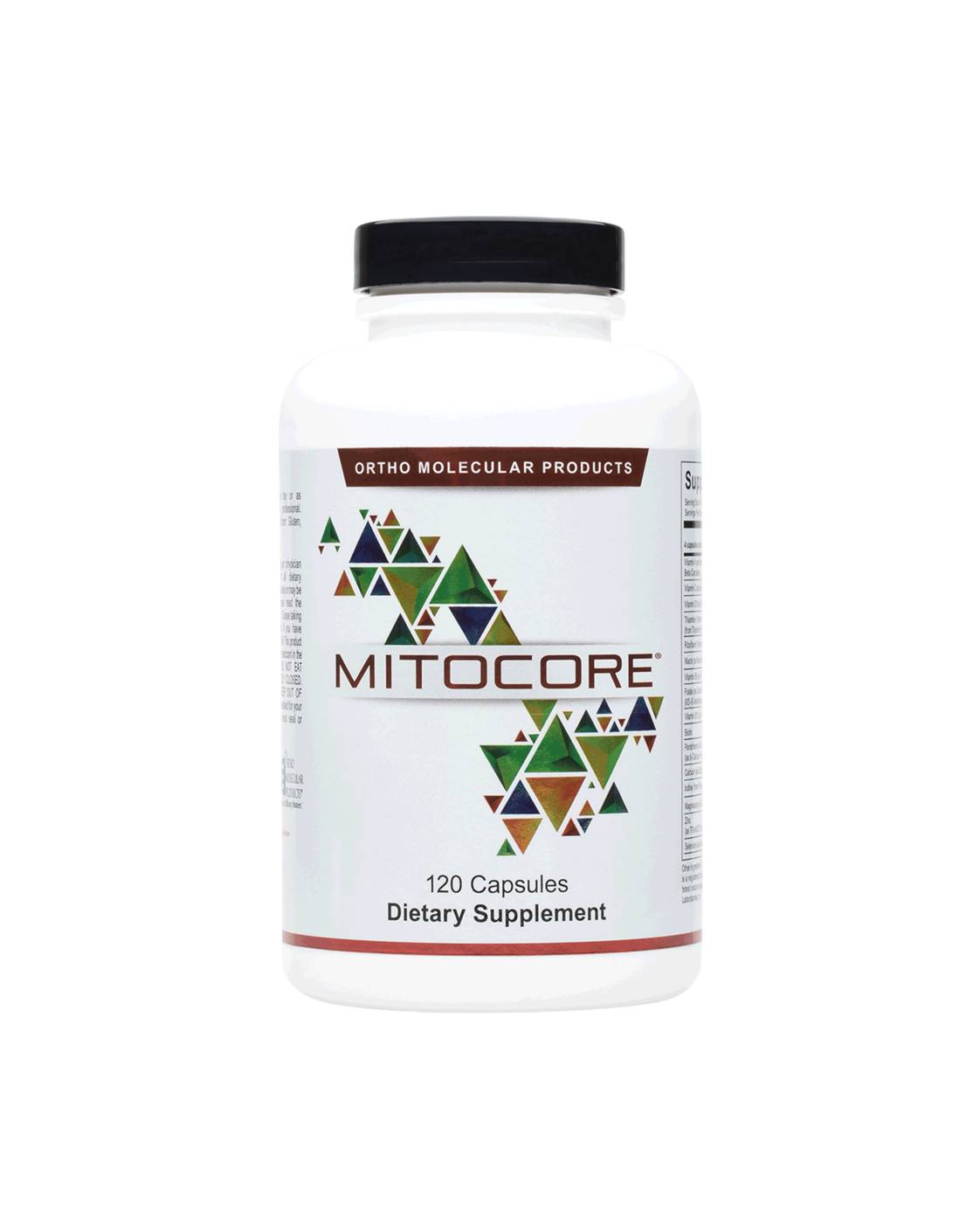 Dietary supplement bottle with geometric design.