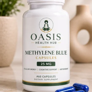 Methylene Blue capsules bottle with three pills.