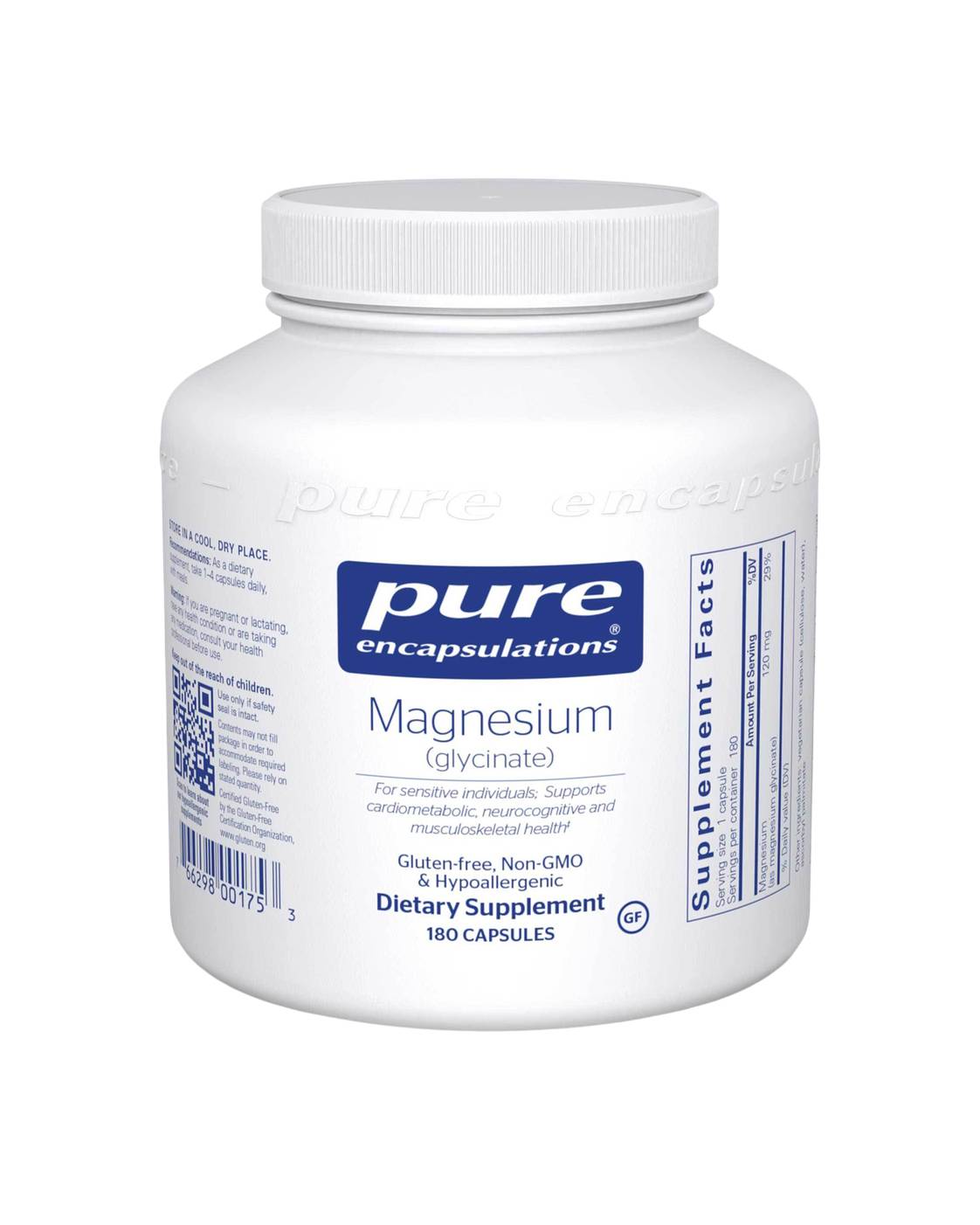 Magnesium glycinate supplement bottle, 180 capsules.