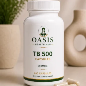 TB 500 capsules bottle with pills displayed.