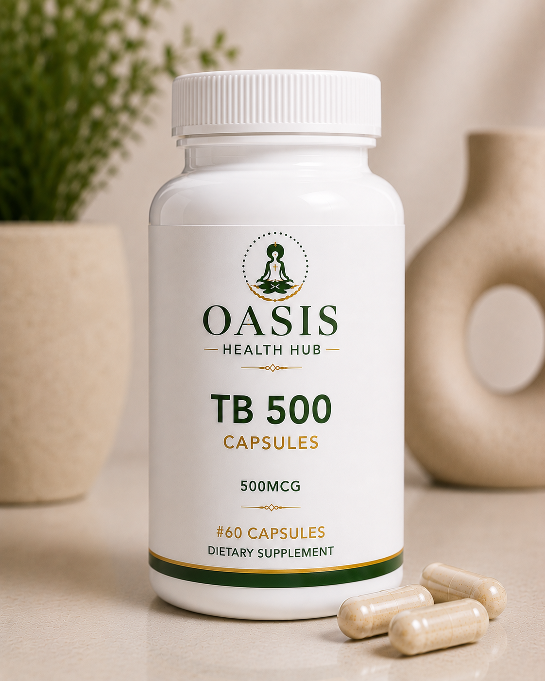 TB 500 capsules bottle with pills displayed.