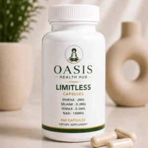 Dietary supplement bottle with capsules nearby.