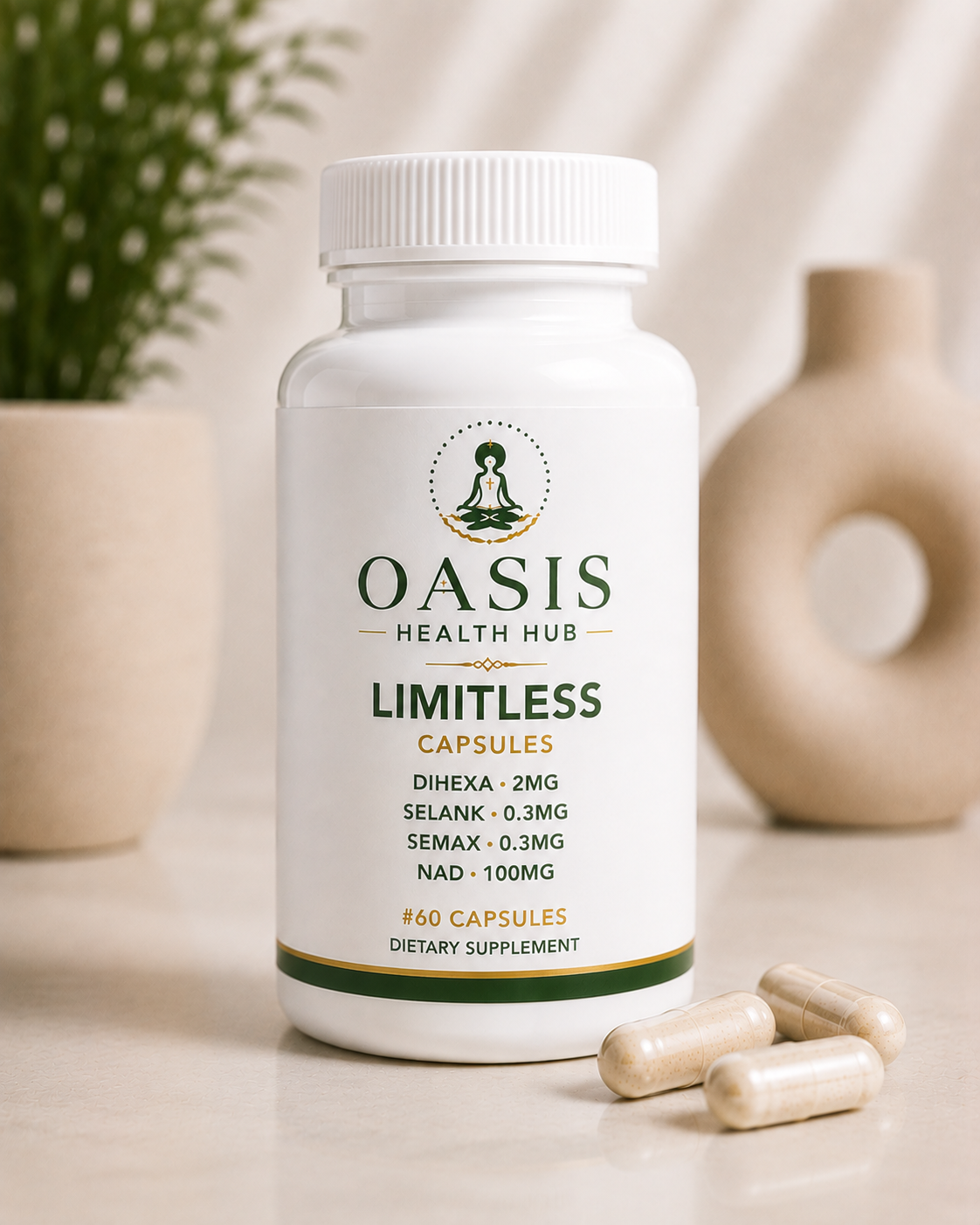 Dietary supplement bottle with capsules nearby.