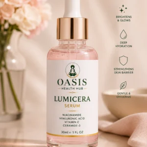 Oasis Lumicera Serum bottle on table.