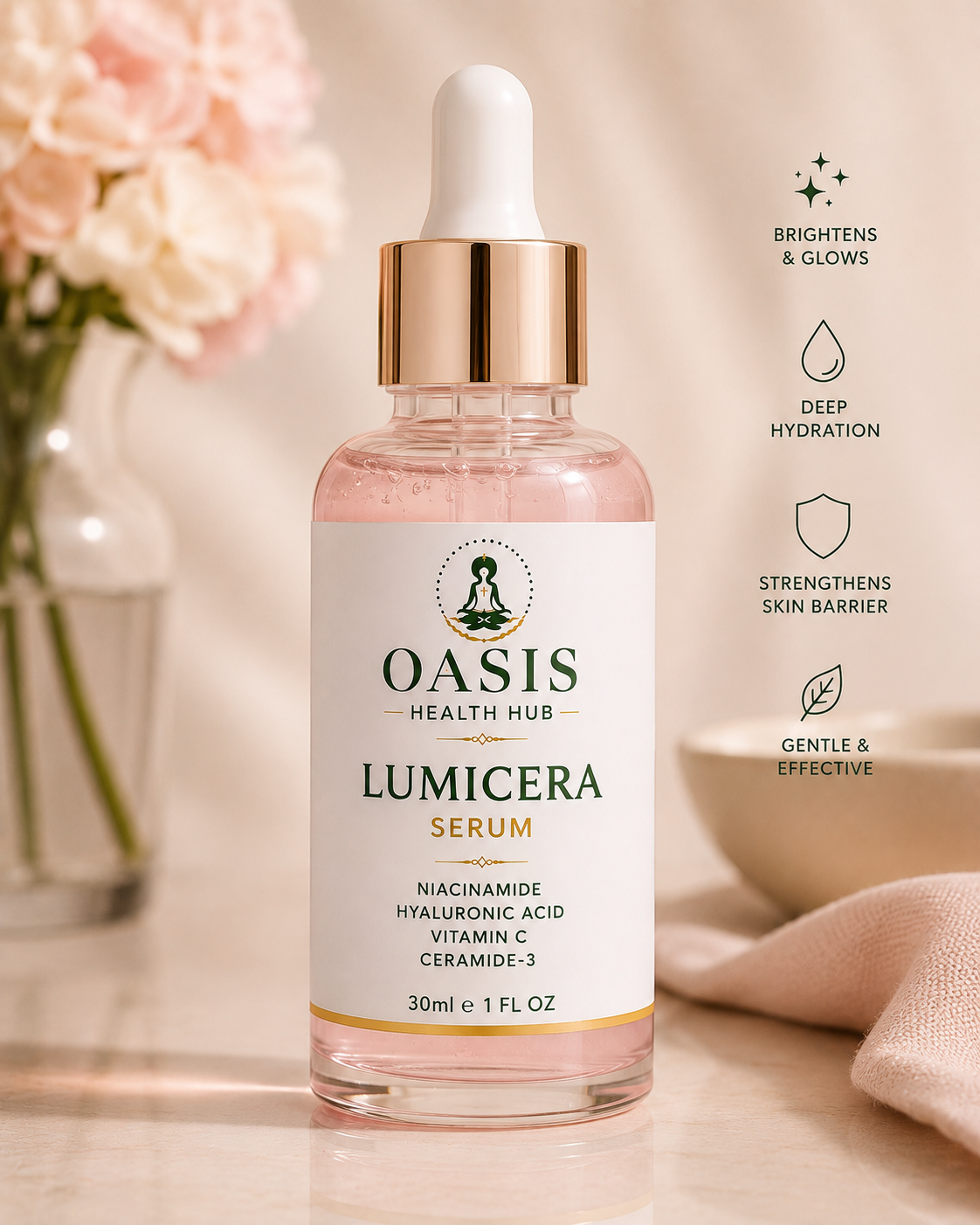 Oasis Lumicera Serum bottle on table.
